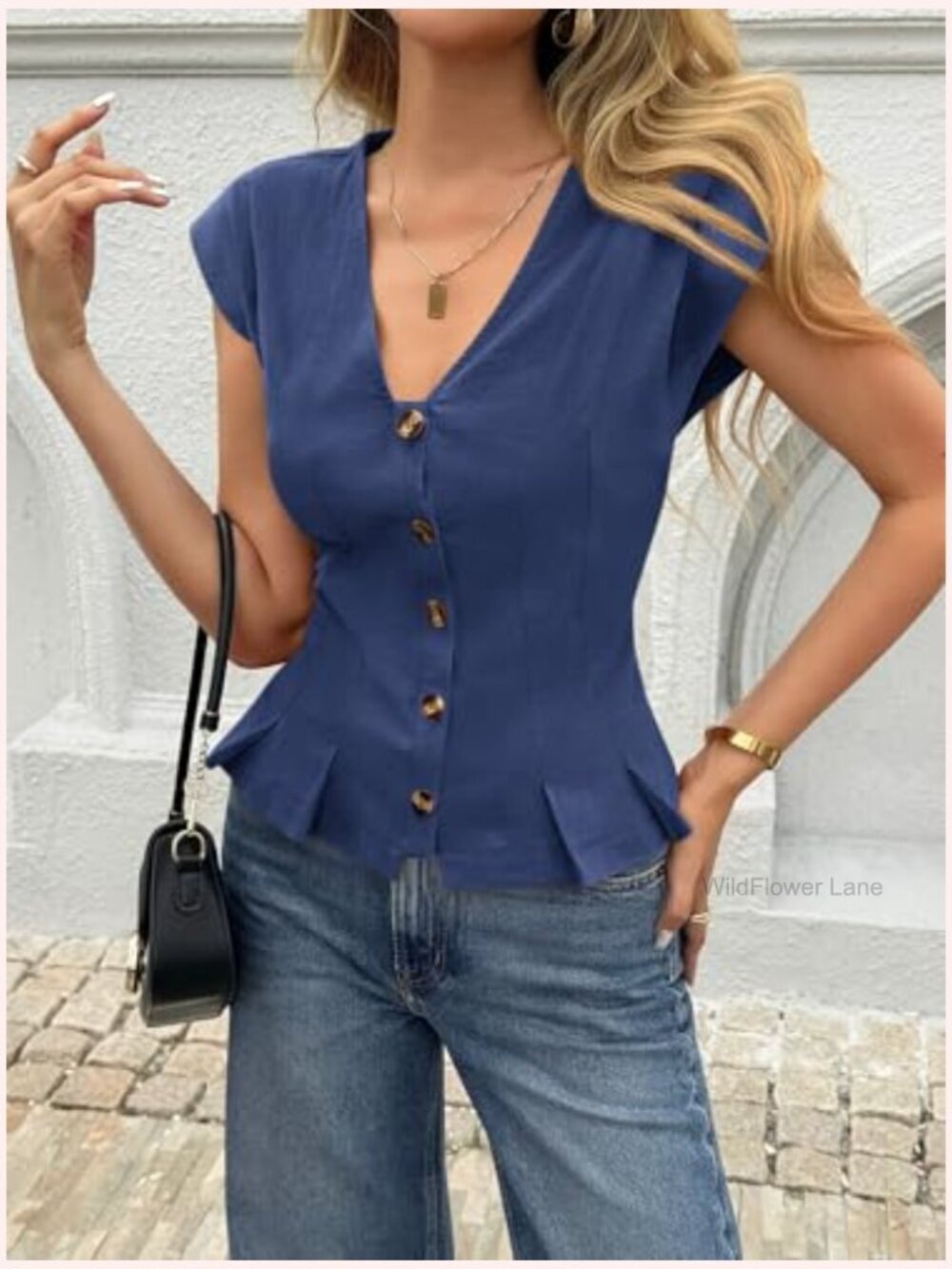 Deep V Neck Cotton Top with Cap Sleeves and Ruffle Hem - Fitted Blouse - Picture 2 of 7
